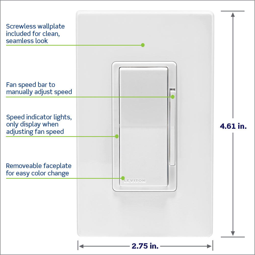 Leviton D24SF-1BW Decora Smart Fan Speed Controller, Wi-Fi, Neutral Wire Required