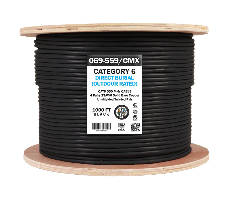 Vertical Cable 069-559/CMX Cat6 CMX Outdoor UV, 23 AWG, Solid, 1000ft, Black