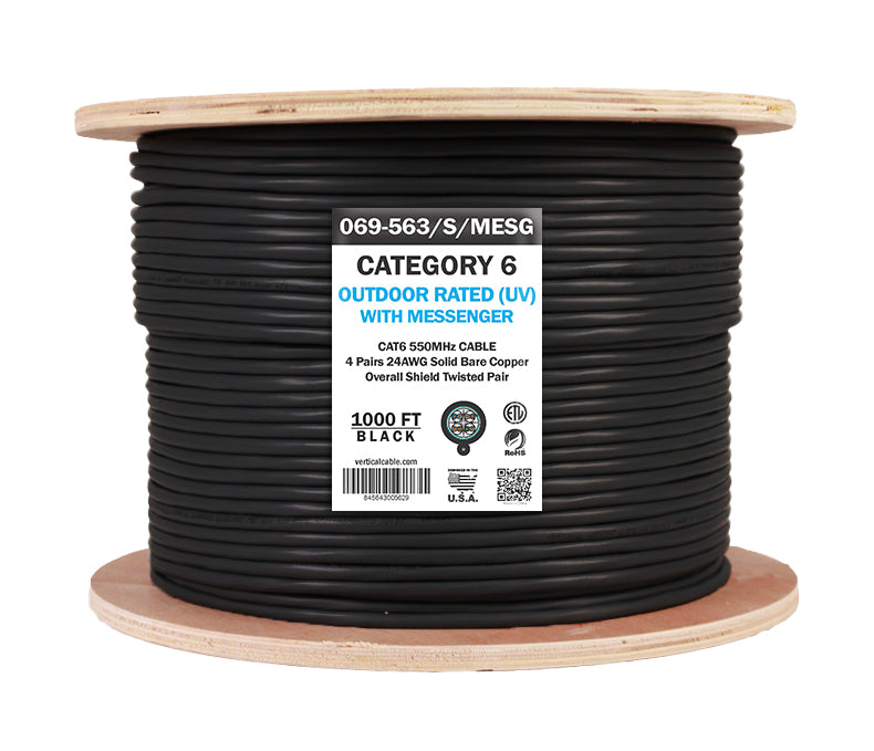 Vertical Cable 069-563/S/MESG CAT6 Aerial STP, W/Messenger 8-Conductor, Black-Outdoor, AWG23 Solid-BC, 1000FT Spool