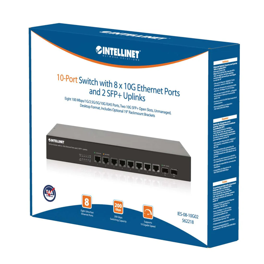 Intellinet 562218 10-Port Switch with 8 x 10G Ethernet Ports and 2 SFP+ Uplinks