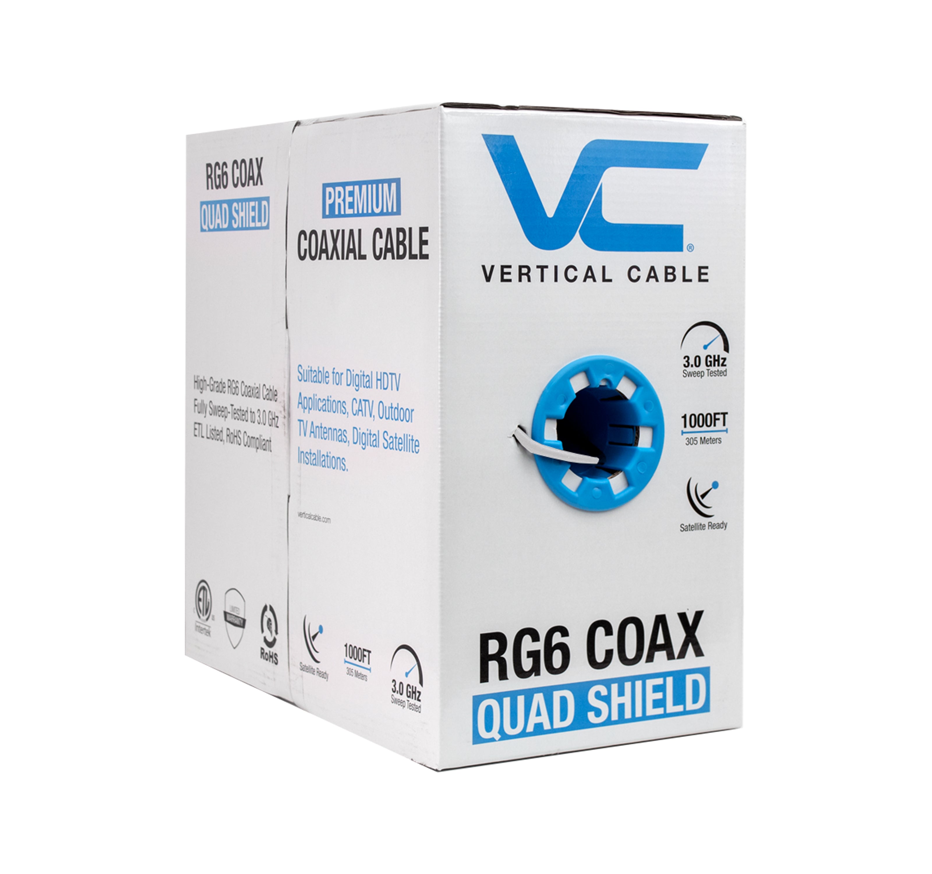 Vertical Cable 107-1953WH6Q1BX RG6 Quad Shield Coax 1000 ft., White