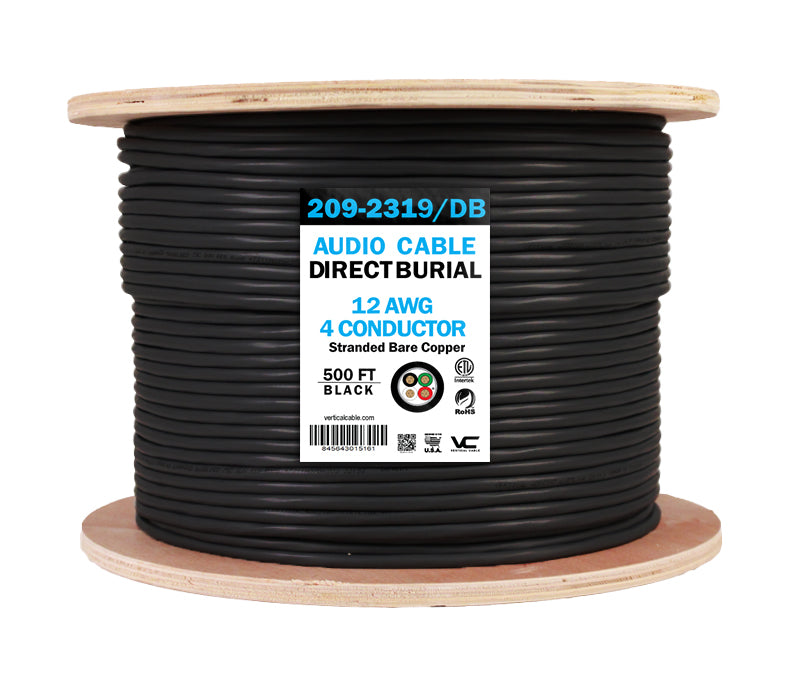 Vertical Cable 209-2319/DB 12AWG 4 Conductor Direct Burial, Stranded Bare Copper, Unshielded. 500 ft Spool, Black