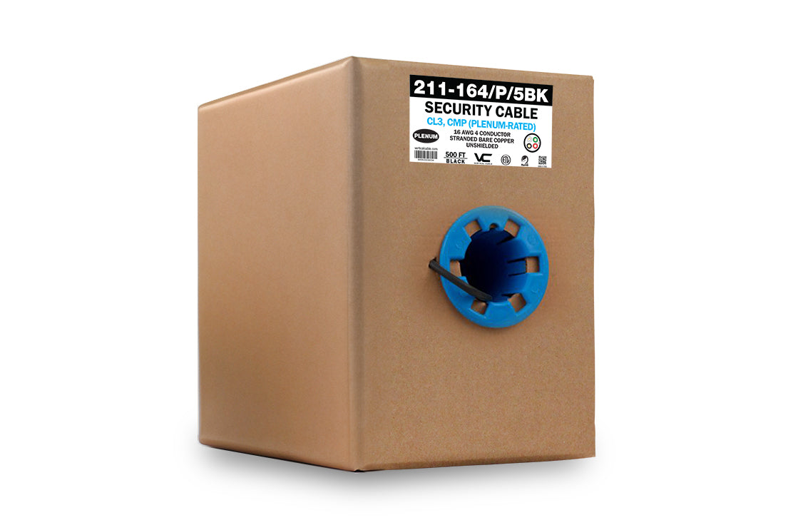 Vertical Cable 211-164/P/5BK 16/4 CL3P, CMP Plenum, Unshielded, Stranded, Bare Copper, Black, 500 ft, Pull Box