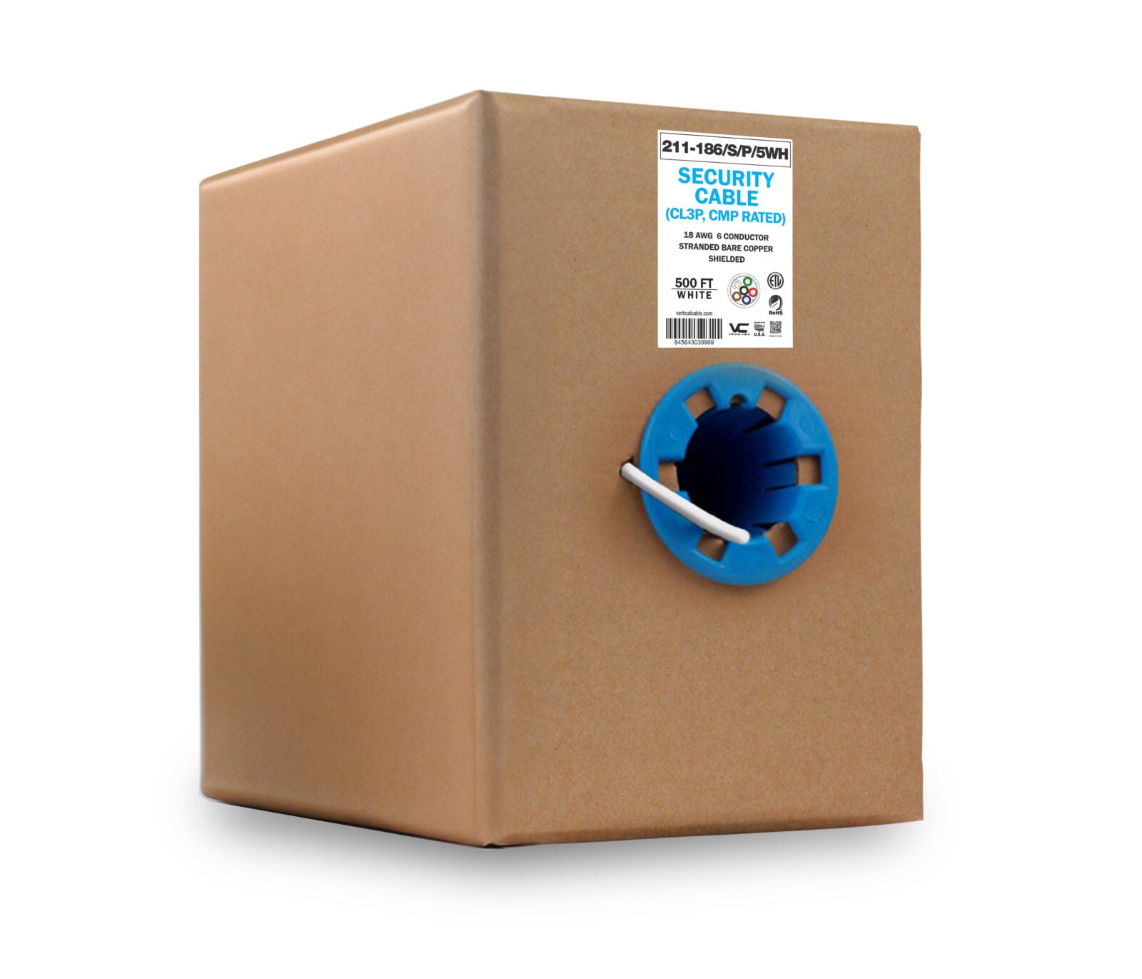 Vertical Cable 211-186/S/P/5WH 18/6 CL3P, CMP Plenum Rated, Shielded, Stranded, Bare Copper Conductors, White, 500 ft, Spool