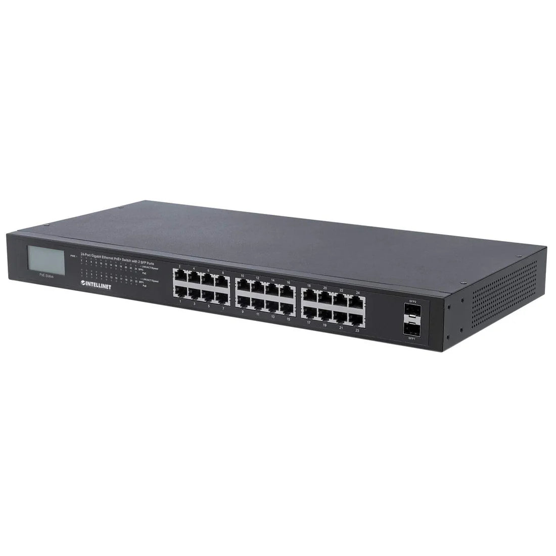 Intellinet 561242 24-Port Gigabit Ethernet PoE+ Switch with 2 SFP Ports and LCD Screen