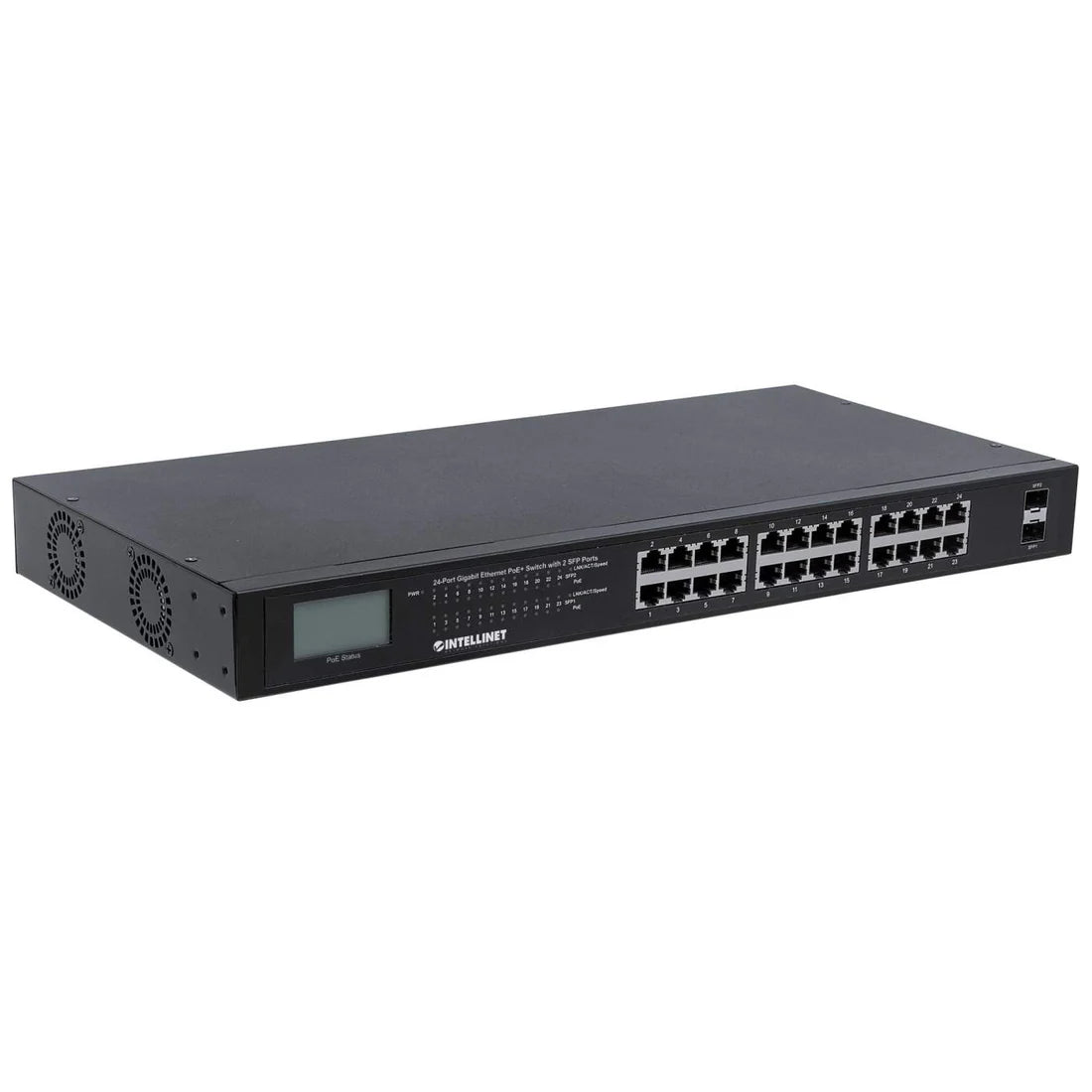 Intellinet 561242 24-Port Gigabit Ethernet PoE+ Switch with 2 SFP Ports and LCD Screen