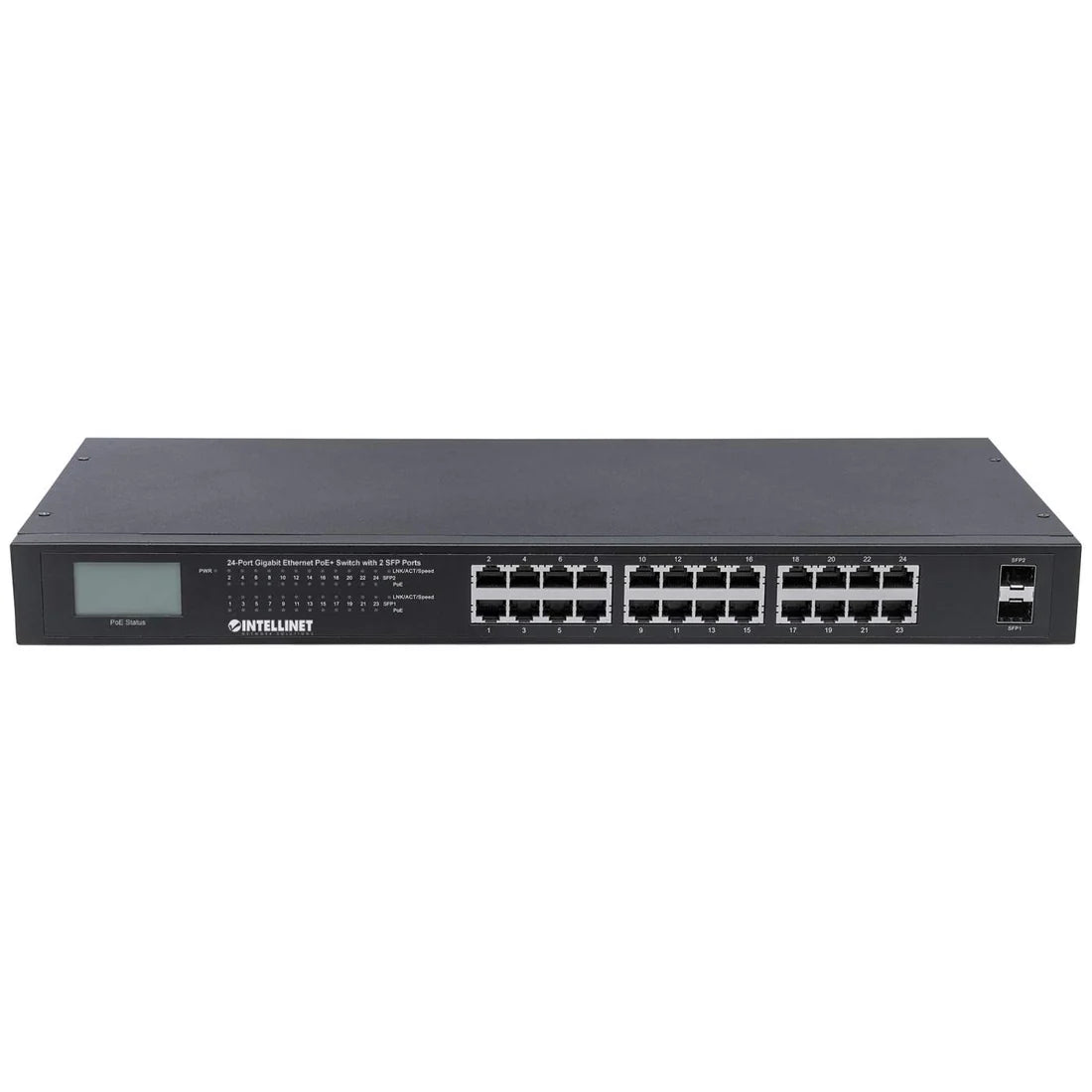 Intellinet 561242 24-Port Gigabit Ethernet PoE+ Switch with 2 SFP Ports and LCD Screen