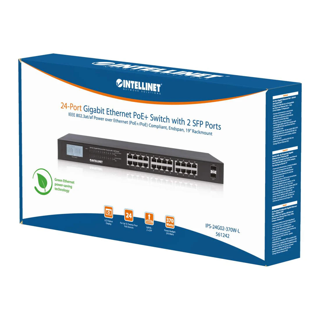 Intellinet 561242 24-Port Gigabit Ethernet PoE+ Switch with 2 SFP Ports and LCD Screen