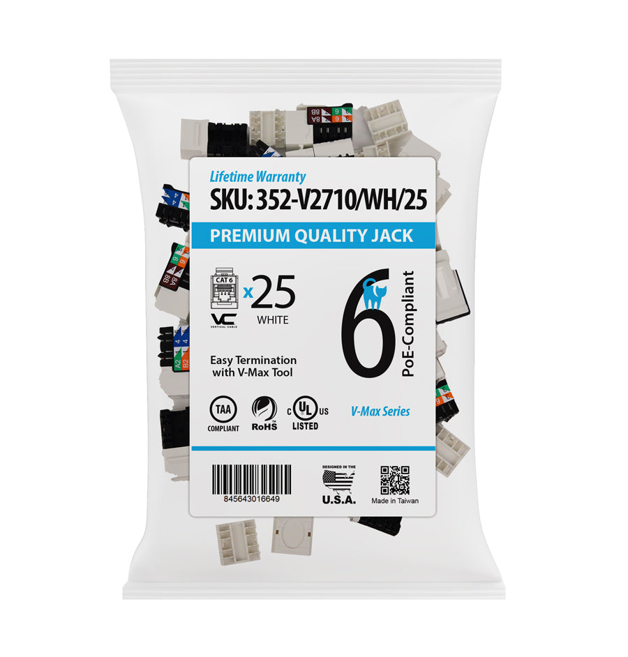 Vertical Cable CAT6 RJ45 Keystone Jack V-Max Series Single/25 pack