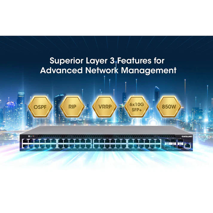 Intellinet 562041 54-Port L3 Fully Managed PoE+ Switch with 48 Gigabit Ethernet Ports and 6 SFP+ Uplinks