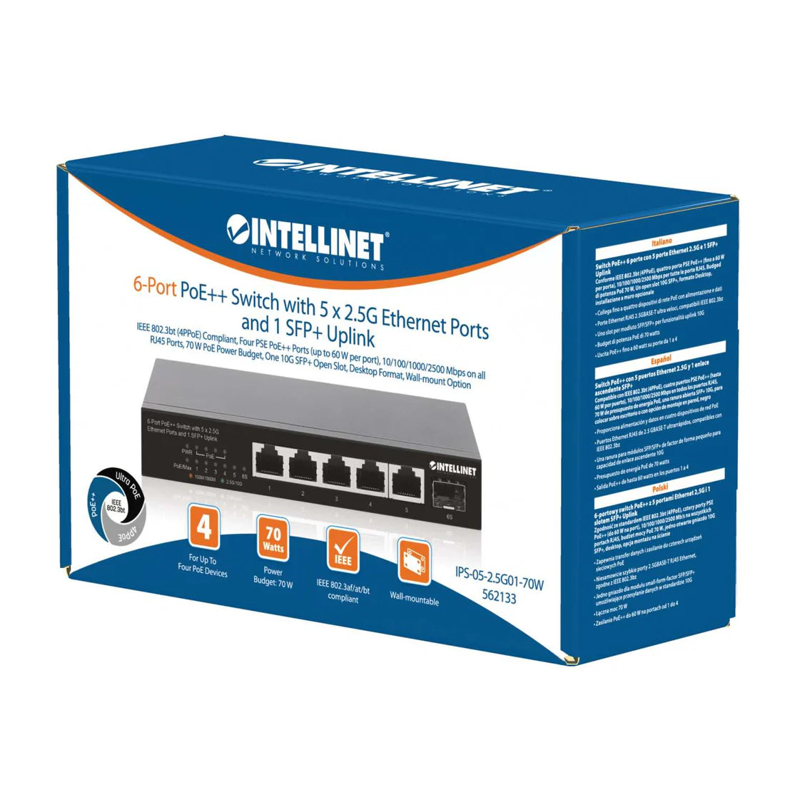 Intellinet 562133 6-Port PoE++ Switch with 5 x 2.5G Ethernet Ports and 1 SFP+ Uplink