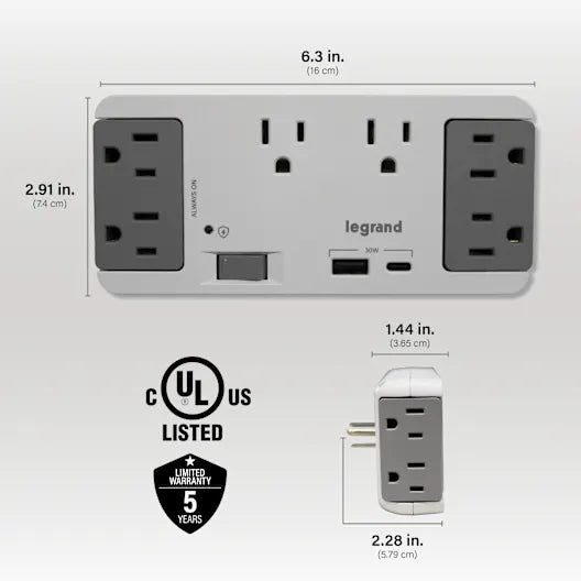 OnQ AC1062 6 Outlet Enclosure Surge Protector with One USB-A and One USB-C