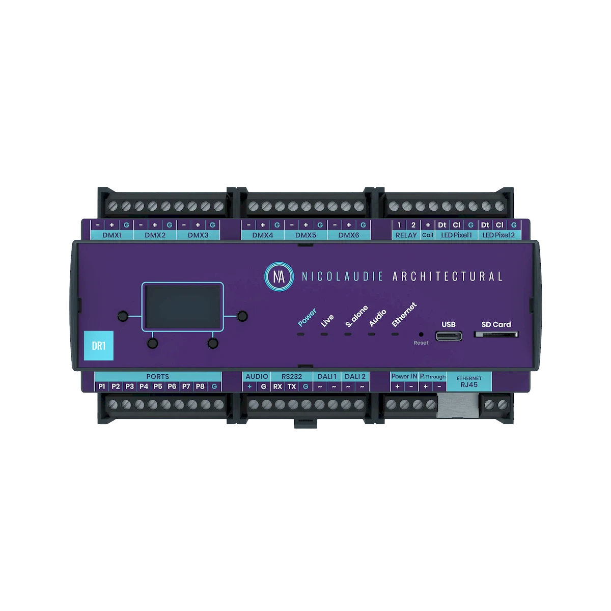 Proluxe PLX-DMX-N-DINADR1 SO: 3072CH, CLOUD, USB, ETHERNET, DALI, AUDIO, 2000 SCENES, 20 ZONES, INCLUDES POWERDIN 12V ADAPTER - DIN RAIL