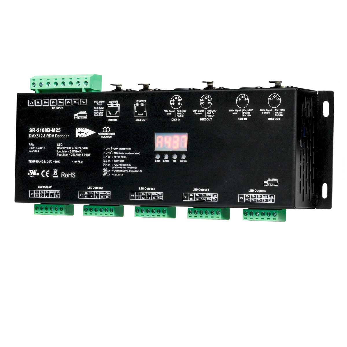 Proluxe PLX-DEC-DMX-RJ45-5X5CH 25CH (5X5CH) DMX+RDM DECODER WITH XLR3, XLR5 AND RJ45 CONNECTIONS