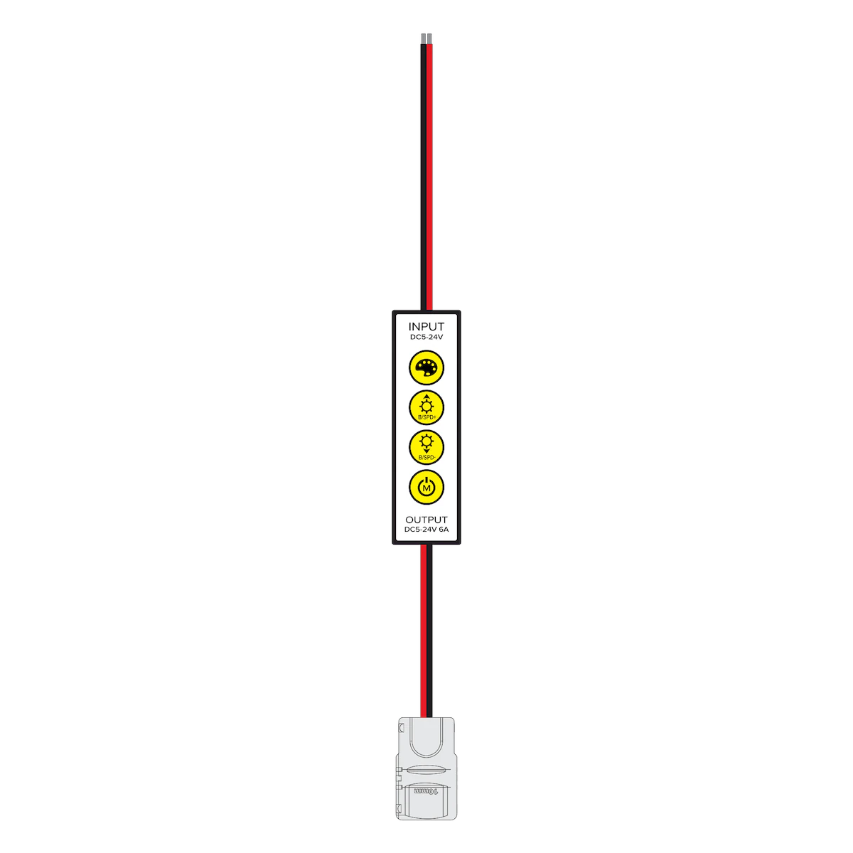 Proluxe PLX-INLINE-SC STATIC WHITE/COLOR TAPE LIGHT IN-LINE CONTROLLER, 5-6A, 20AWG,30CM WIRE BOTH END, OUTPUT SIDE WITH 30CM(11.8INCH)WIRE WITH HD CONNECTOR, INPUT SIDE WITH 30CM(11.8INCH) WIRE WITH SCREW-DOWN TERMINAL PORT DC BARREL CONNECTION