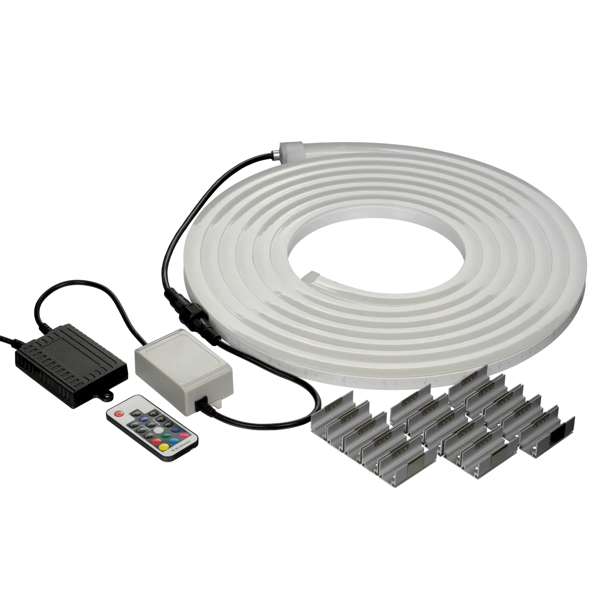 Proluxe PLX-NF-RGBW-12V-KIT-20 12V AC RGBW NEON RF KIT, 20FT LENGTH, IP67 12V DC LATERAL BEND NEON W/12V AC RECTIFIER, 6FT BARE LEAD, IP68 CONNECTORS, OUTDOOR RATED RADIO FREQUENCY LED CONTROLLER/RECEIVER, 15PCS MOUNTING CLIPS , 2PCS END CAP