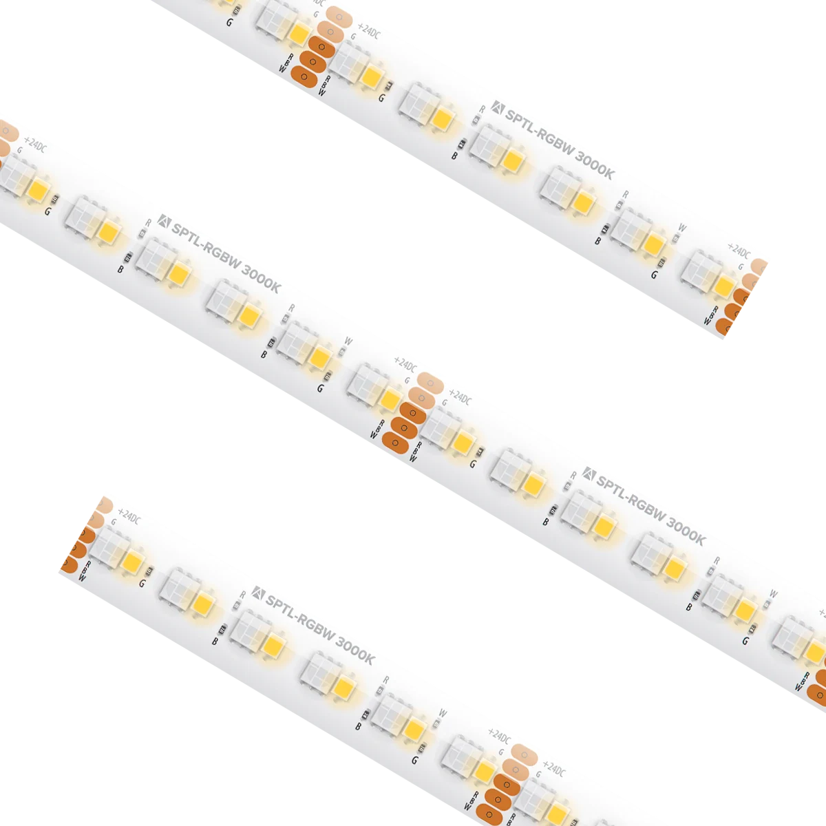 Proluxe PLX-SPTL54-RGBW-24V-16 16.4FT REEL SPEC RGBW TAPE; 24V DC, IP54, 7W/FT, ATTACHED 3FT LEAD WIRES, (3) TL-5PWR-HD 12MM 5PIN CONNECTOR (RGB+W) WITH 6' CABLE, (3) TL-5SPL-HD
