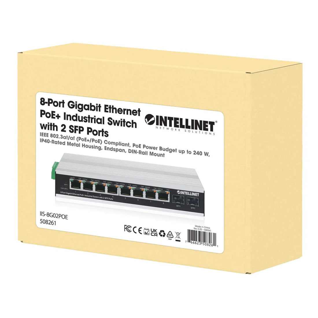 Intellinet 508261 8-Port Gigabit Ethernet PoE+ Industrial Switch with 2 SFP Ports