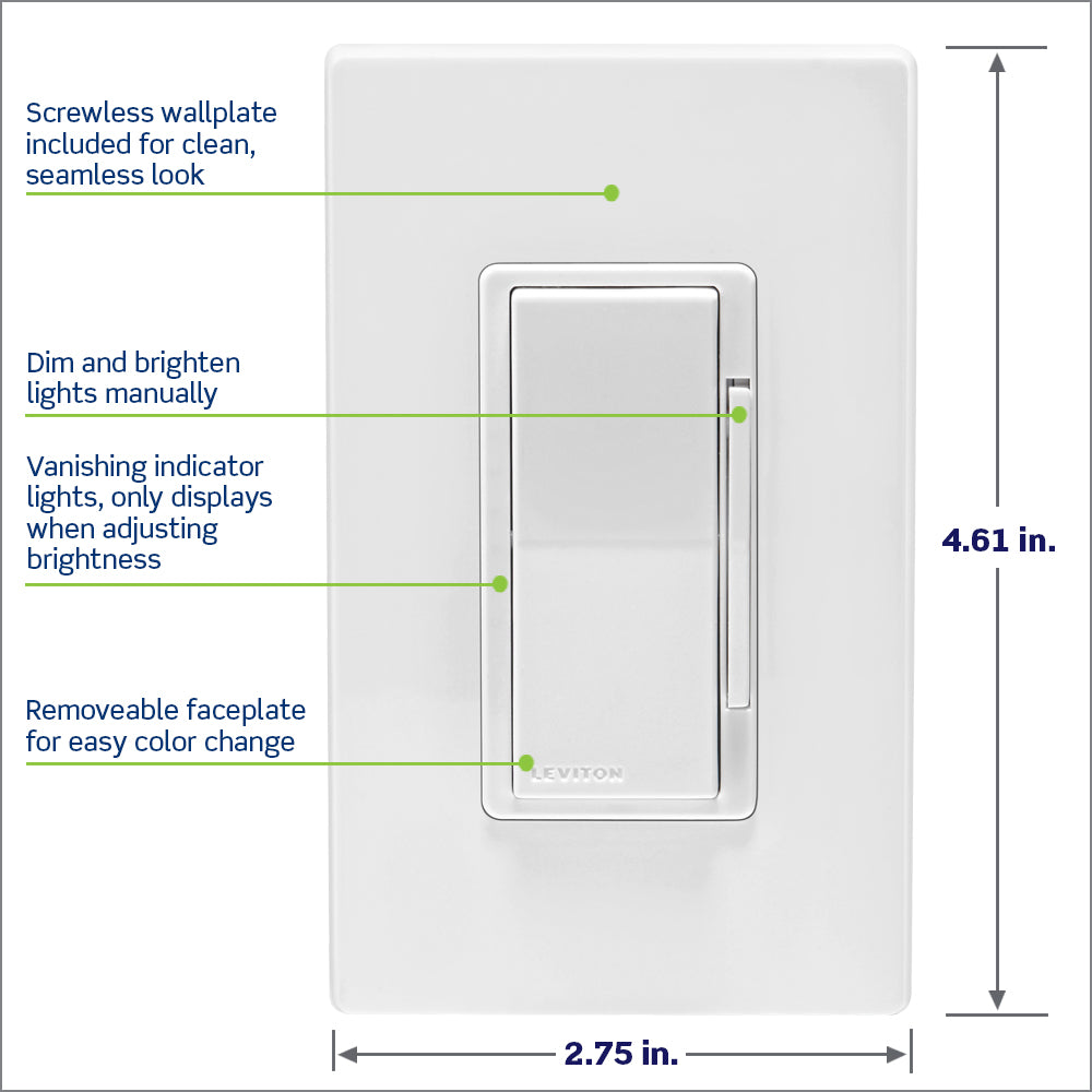 Leviton D2ELV-1BW Decora Smart ELV/LED Phase Selectable Dimmer, Wi-Fi, Neutral Wire Required