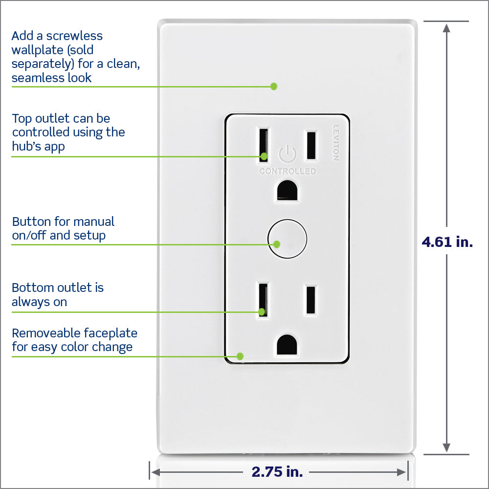 Leviton ZW15R-1BW Decora Smart Outlet, Z-Wave 700 Series