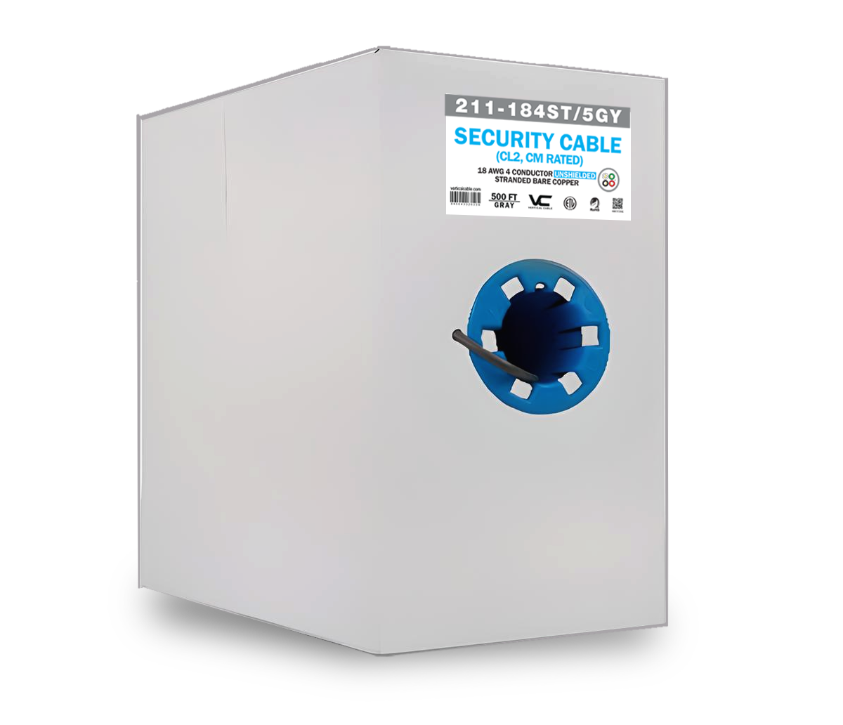 Vertical Cable 211-184ST/5GY Alarm-Security Cable, Unshielded, 18AWG, 4 Conductor Stranded, 500 ft, Pull Box, Gray