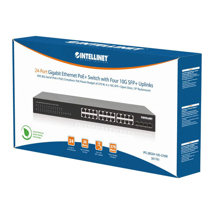 Intellinet 24-Port Gigabit Ethernet PoE+ Switch with Four 10G SFP+ Uplinks