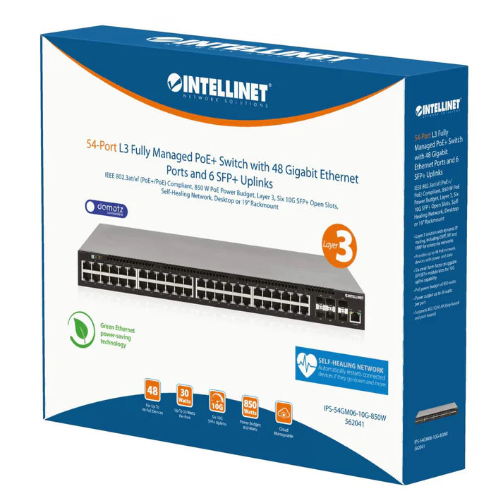 Intellinet 54-Port L3 Fully Managed PoE+ Switch with 48 Gigabit Ethernet Ports and 6 SFP+ Uplinks