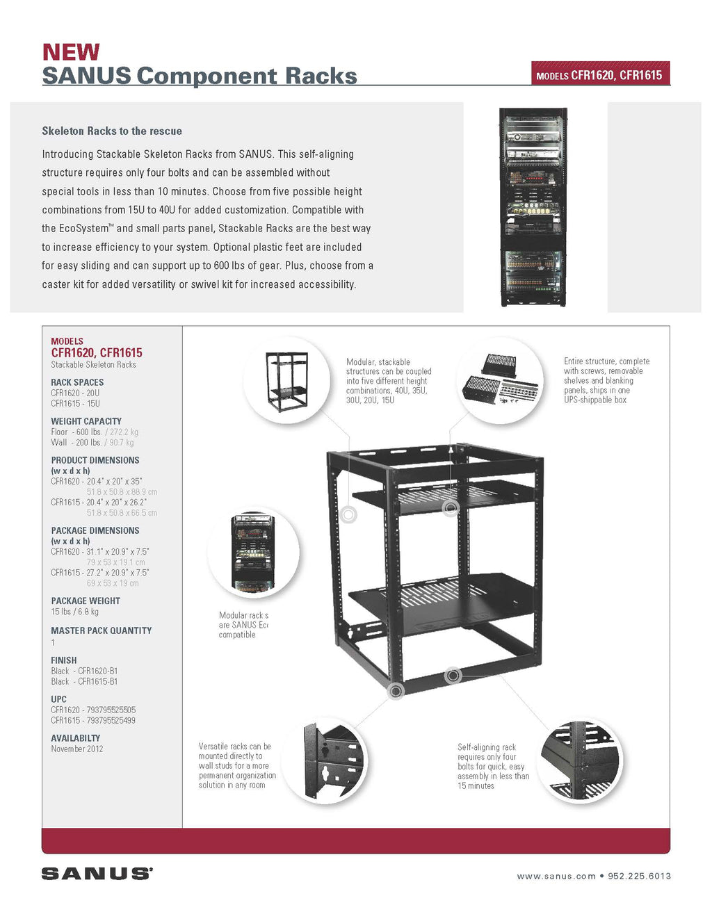 Open Av Rack Sanus CFR1615-B1 15U AV Rack Stackable Open Frame Rack