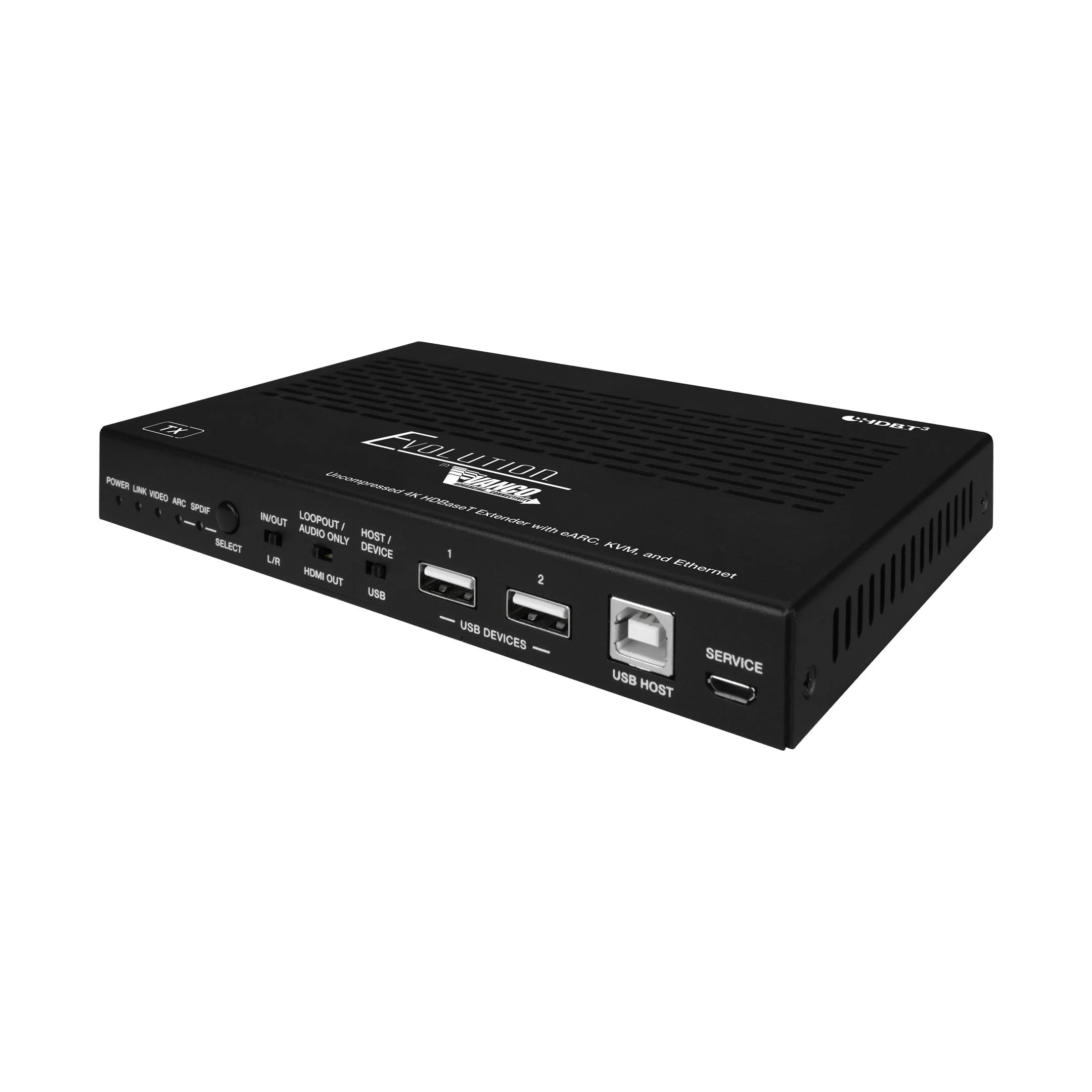 Evolution HDBaseT 3.0 Extender Uncompressed 4K/60Hz HDR, HDR10, HDR10+, Dolby Vision, HLG pass through, HDCP 2.2 with eARC, KVM (USB 2.0), and Ethernet (1G)