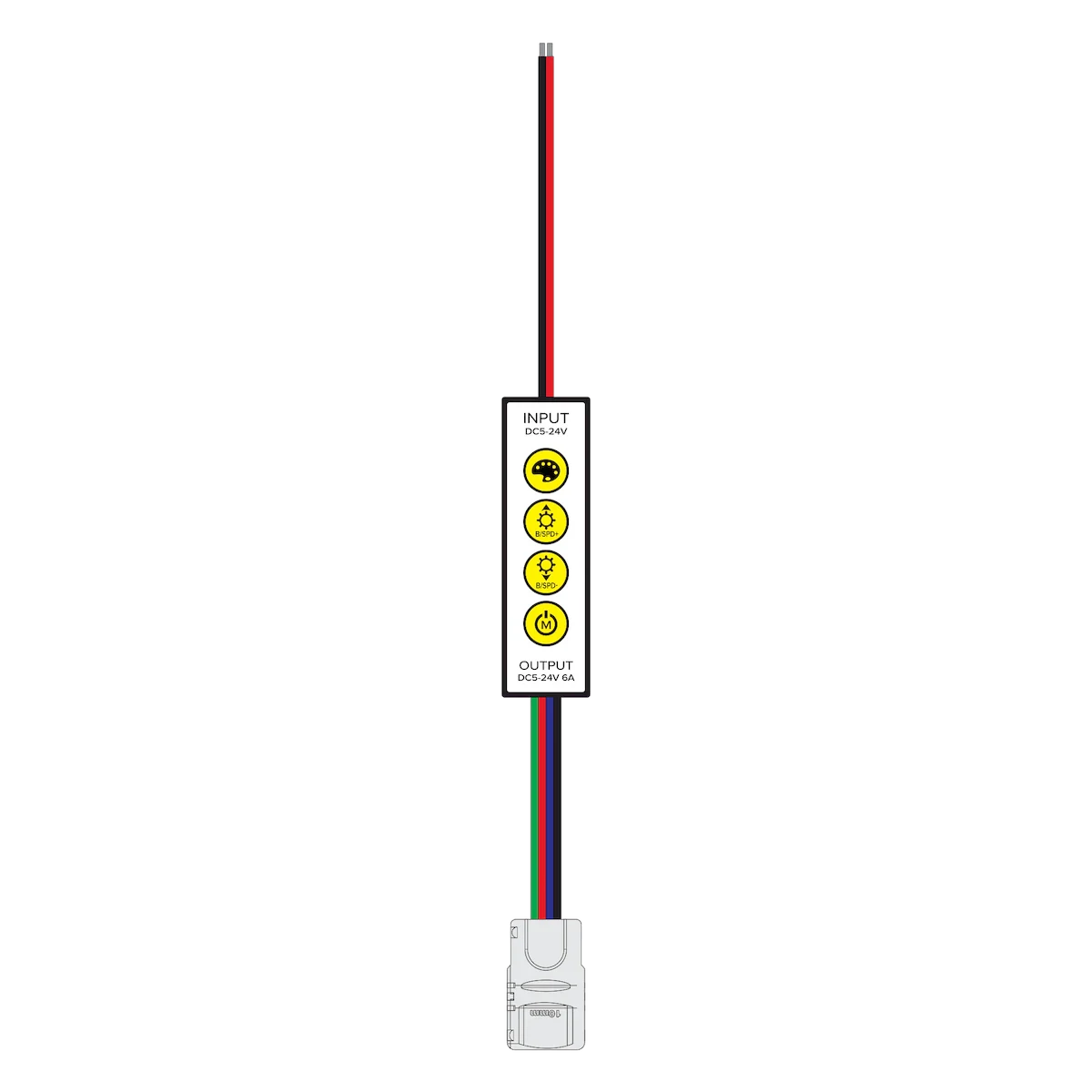 Proluxe PLX-INLINE-RGB RGB TAPE LIGHT IN-LINE CONTROLLER, 5-6A, 20AWG,30CM WIRE BOTH END, OUTPUT SIDE WITH 30CM(11.8INCH)WIRE WITH HD CONNECTOR, INPUT SIDE WITH 30CM(11.8INCH) WIRE WITH SCREW-DOWN TERMINAL PORT DC BARREL CONNECTION