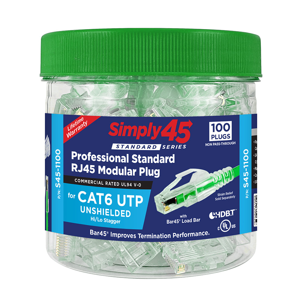 Simply45 Standard Cat6/6a UTP RJ45 Modular Plugs with Bar45™ Hi/Lo Stagger, Green Tint - 100pcs/Jar