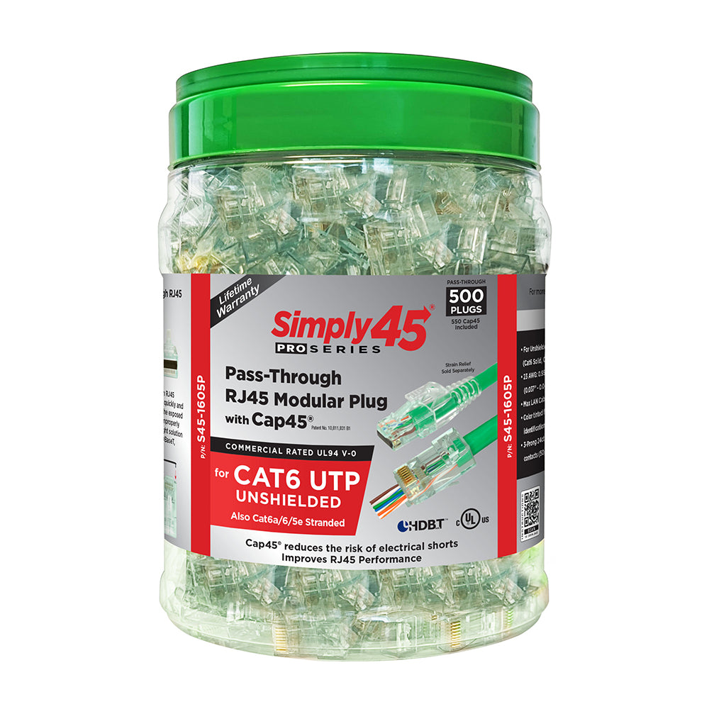 Simply45 ProSeries Cat6 Unshielded Pass-Through RJ45 Modular Plugs with Cap45® 500 pc/Jar