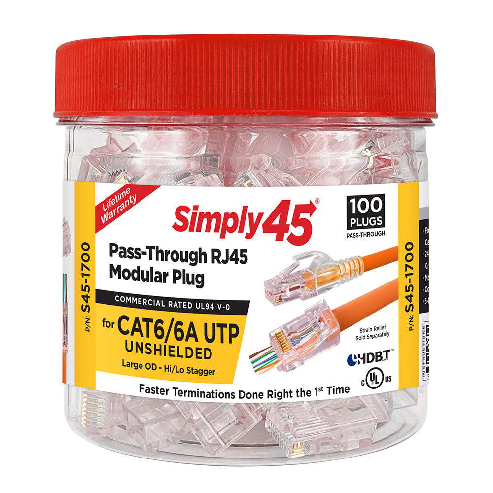 Simply45 S45-1700 RJ45 Pass-Through Plugs, 100 Jar