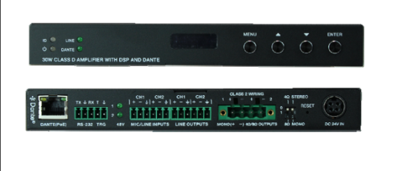 Simplified DTE AMP POE70 5W/Ch. Stereo Amplified with Dante™, DSP, and POE