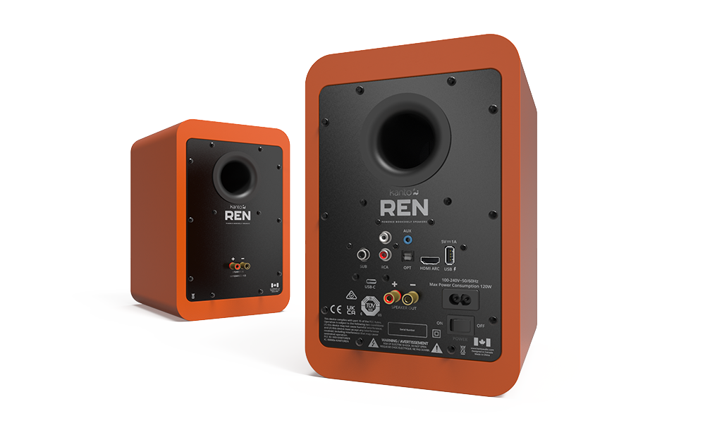 Kanto RENMO 200W Powered Bookshelf Speakers with HDMI ARC, USB-C, and Bluetooth 5.3 - Matte Orange, Pair